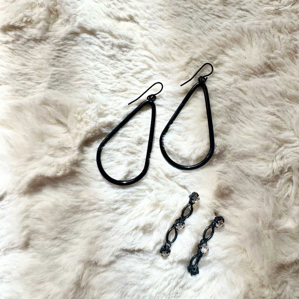 TWO (one Black coated dangle drop hoops and dangle w/rhinestone) EARRINGS